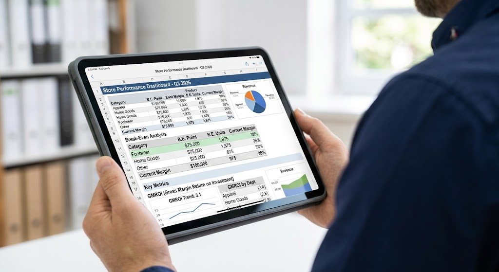 Retail manager reviewing a Break-Even Unit Volume spreadsheet on a tablet