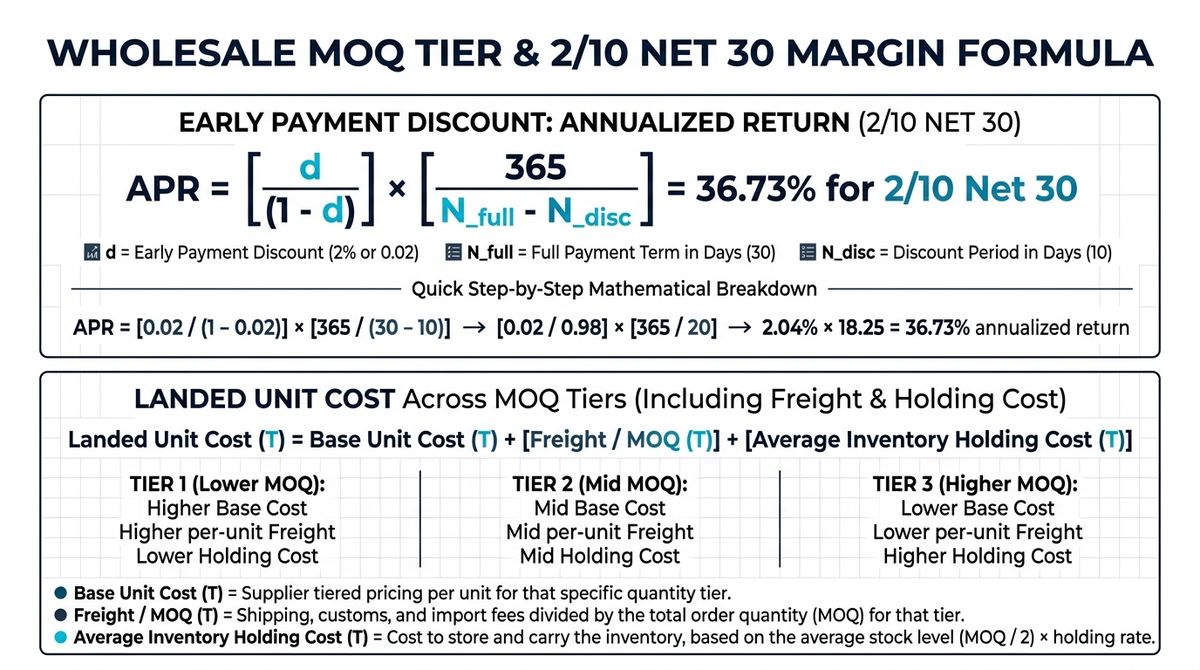 Figure 1: Exact mathematical derivation of the 36.73% annualized return on 2/10 Net 30 trade credit terms and the True Landed Unit Cost equation across supplier MOQ tiers.
