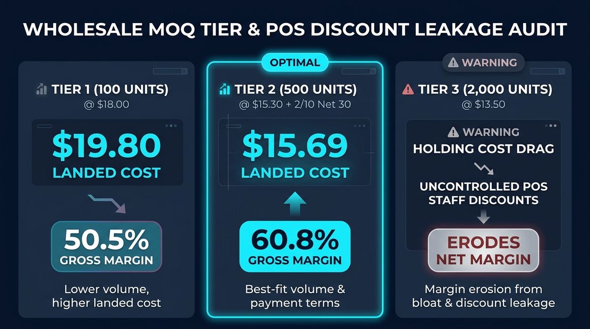 Figure 2: Side-by-side comparison of Tier 1 ($19.80 landed cost / 50.5% gross margin), Tier 2 Optimal ($15.69 landed cost / 60.8% gross margin), and Tier 3 overbuy + POS discount erosion.