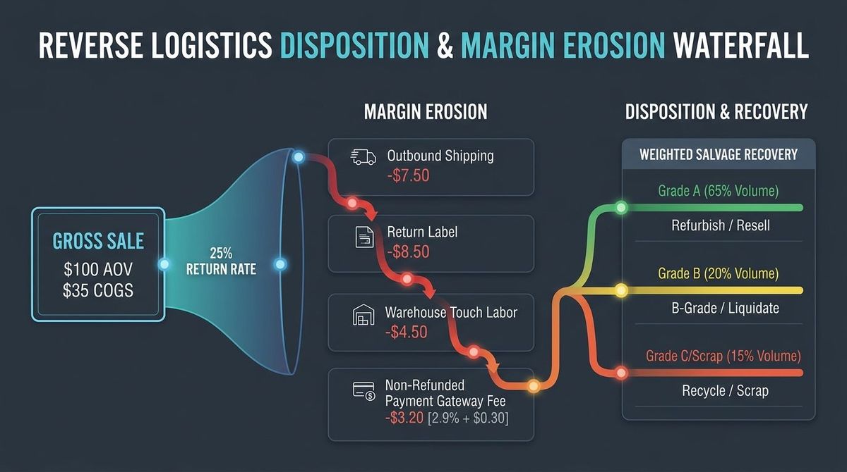 Figure 1: Reverse-logistics cash burn and 3PL grading breakdown across Grade A (65% restock), Grade B (20% recondition), and Grade C (15% liquidate/scrap).