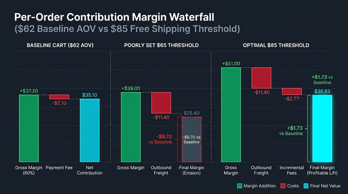 Financial chart showing net contribution margin drop when a free shipping threshold is set below the break-even AOV lift point