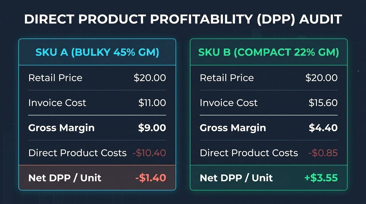 Figure 1: Gross Margin ($9.00, 45% GM) vs Direct Product Profitability (DPP) waterfall showing how $10.40 in cubic warehouse storage, freight, shelf labor, carrying cost, and POS shrink creates a -$1.40/unit net loss.