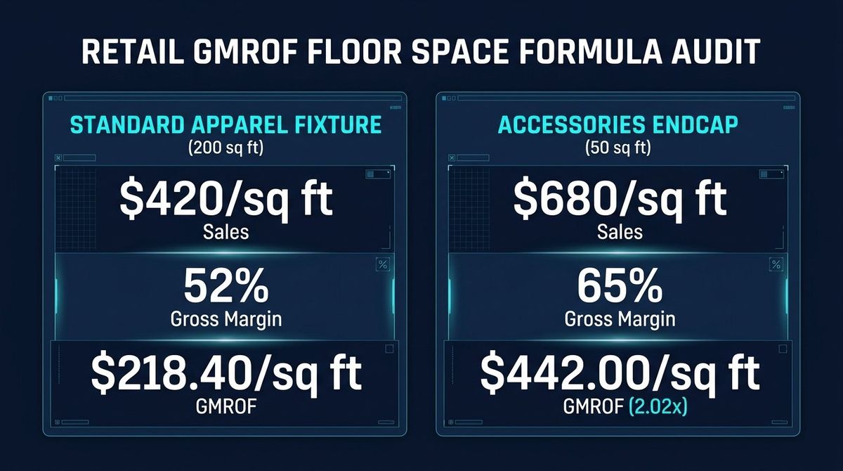 Retail GMROF comparison chart showing Standard Apparel Fixture (200 sq ft, $420/sq ft Sales, 52% Margin = $218.40/sq ft GMROF) vs High-Margin Accessories Endcap (50 sq ft, $680/sq ft Sales, 65% Margin = $442.00/sq ft GMROF, 2.02x efficiency)