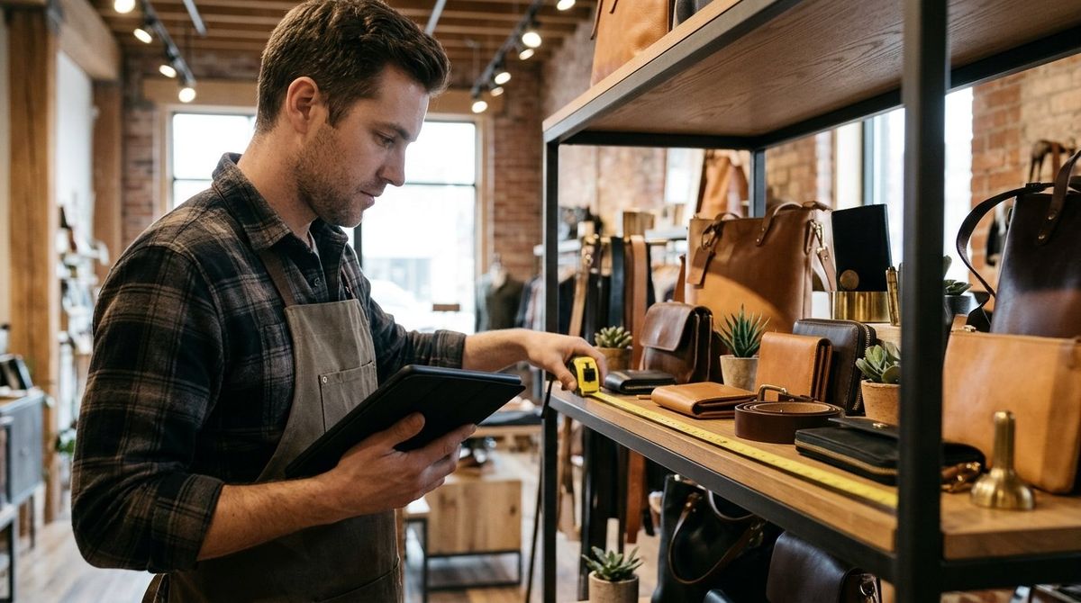 Retail store manager measuring a 50 sq ft high-margin accessories endcap display with a laser distance meter and tablet