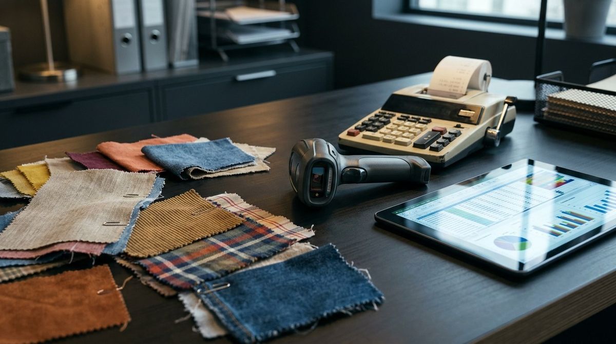 Retail buyer desk with fabric swatches, wireless barcode scanner, mechanical calculator, and financial margin spreadsheet tablet