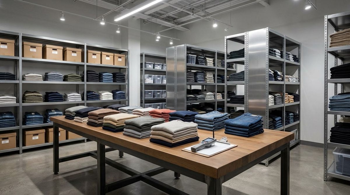 High-end retail stockroom with neatly folded garment stacks on a walnut table, RFID inventory scanner, and steel shelving