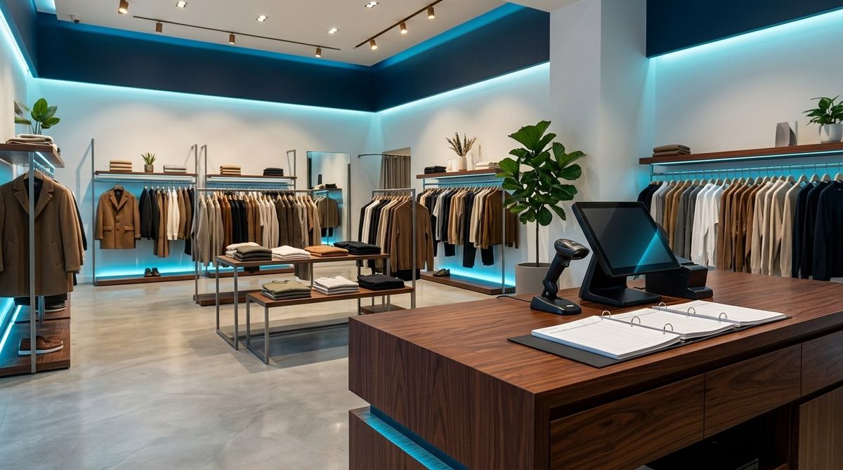 Modern boutique retail store floor and mahogany checkout counter with a POS terminal, barcode scanner, and financial audit binder