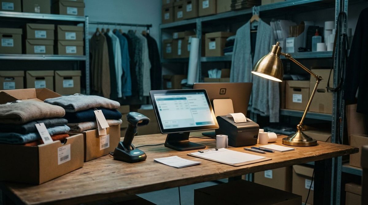 Boutique retail stockroom workbench with folded apparel inventory boxes, POS terminal, and wireless barcode scanner