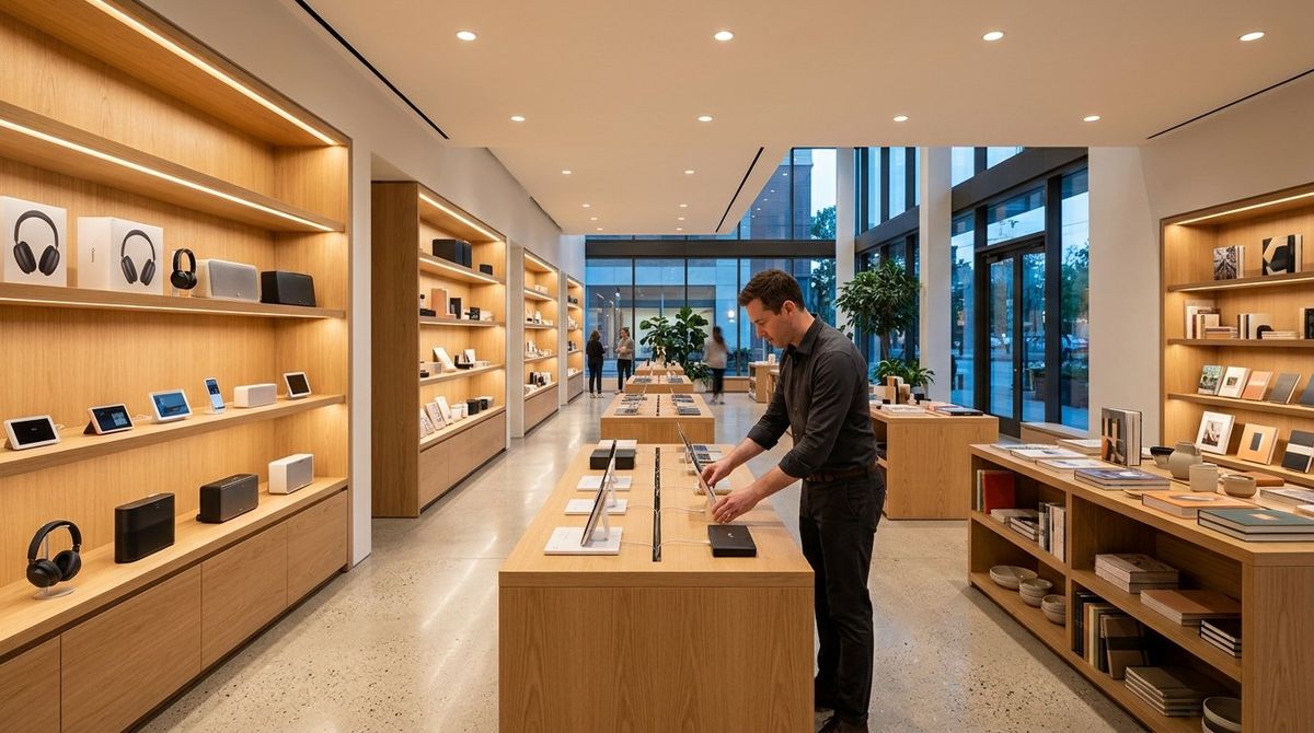 Upscale modern retail sales floor with illuminated oak shelving and high-turnover product merchandising