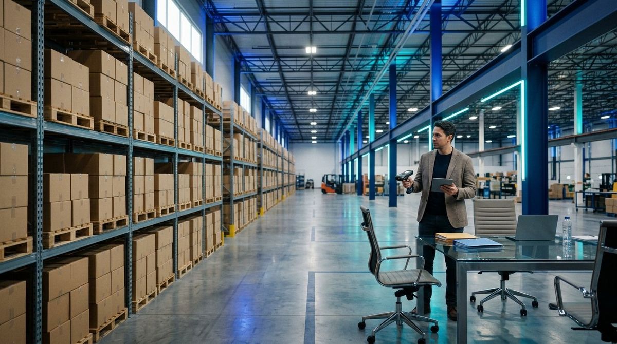 Retail distribution warehouse aisle with multi-tier steel pallet racks and an inventory controller auditing stock with a barcode scanner