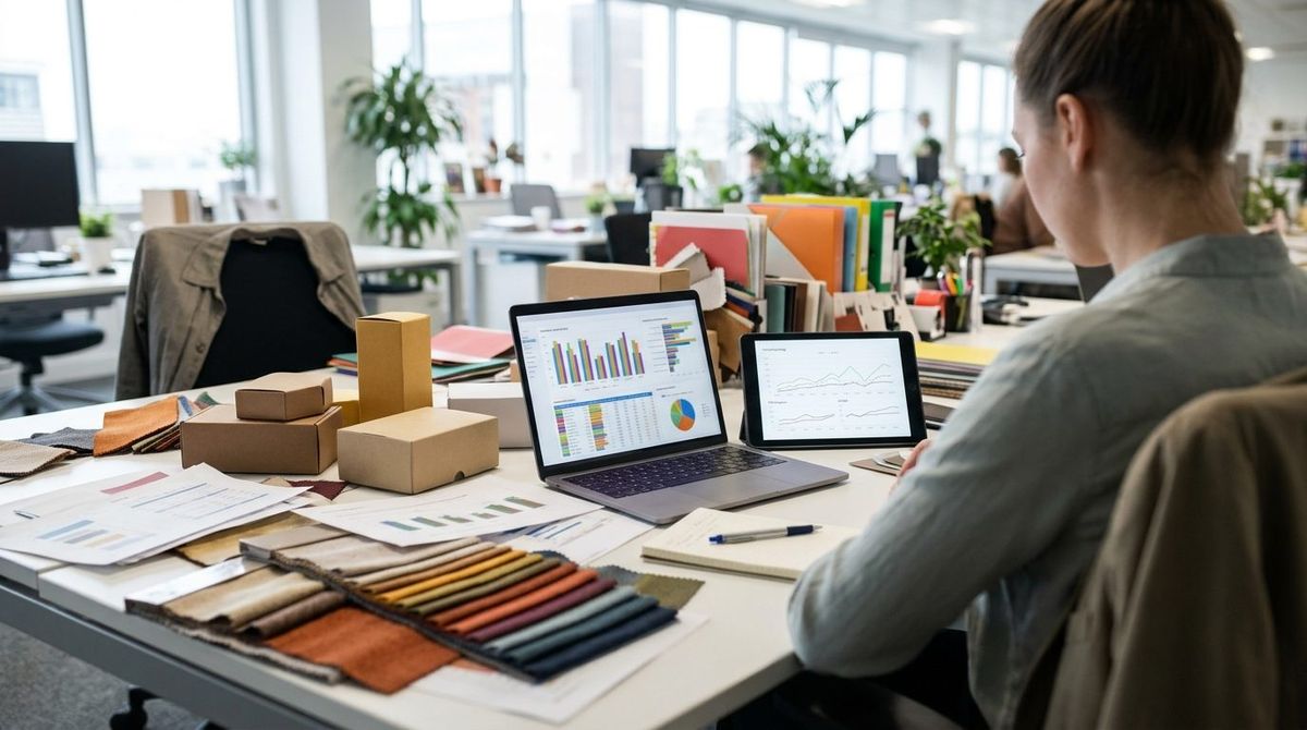 Financial analyst reviewing retail inventory spreadsheets and profit charts