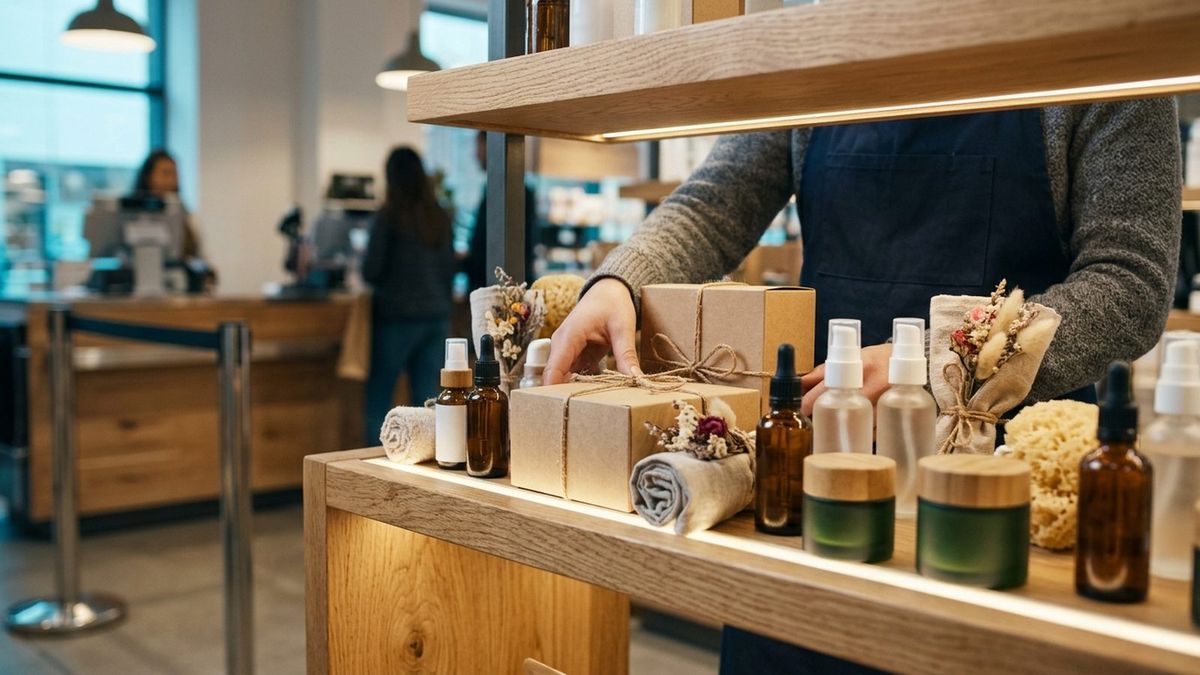 Retail store manager arranging complementary cross-sell merchandise bundles on an oak display shelf near checkout