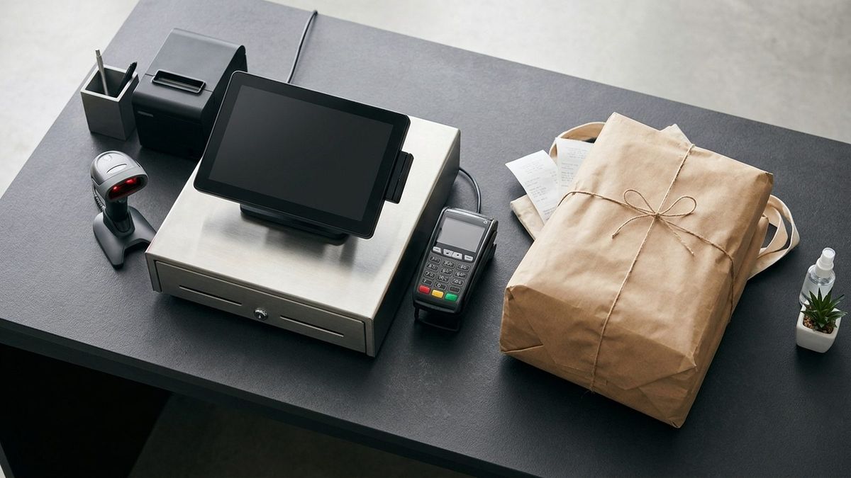Modern retail point-of-sale counter with barcode scanner, stainless steel cash drawer, card terminal, and multi-item purchase bundle
